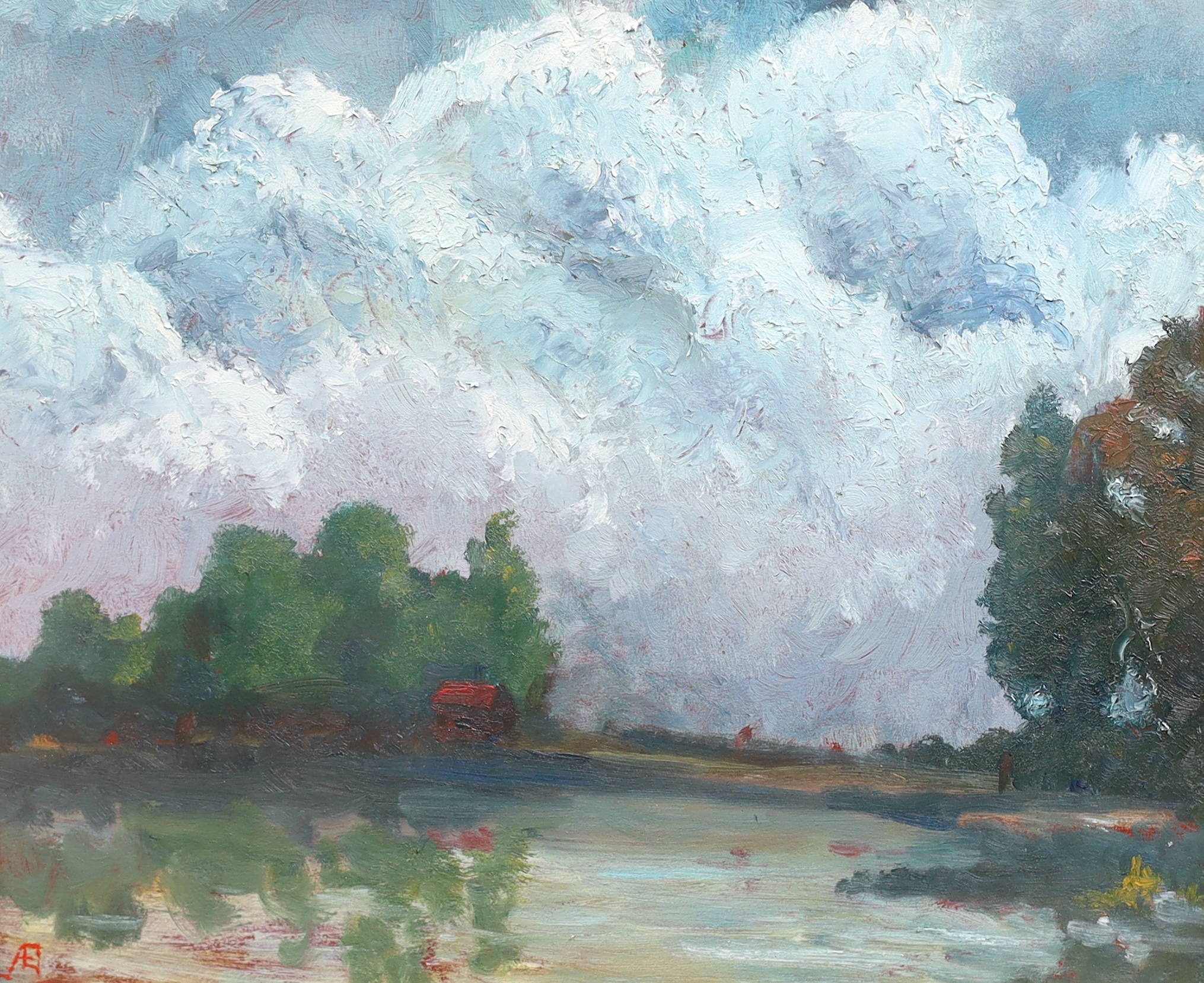 Attributed to George William Russell (Irish, 1867-1935), oil on card, Lake scene with cottage, monogrammed, 18 x 22cm. Condition - fair to good